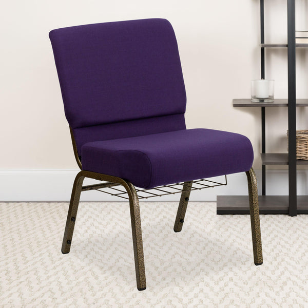 Royal Purple Fabric/Gold Vein Frame |#| 21inchW Church Chair in Royal Purple Fabric with Cup Book Rack - Gold Vein Frame