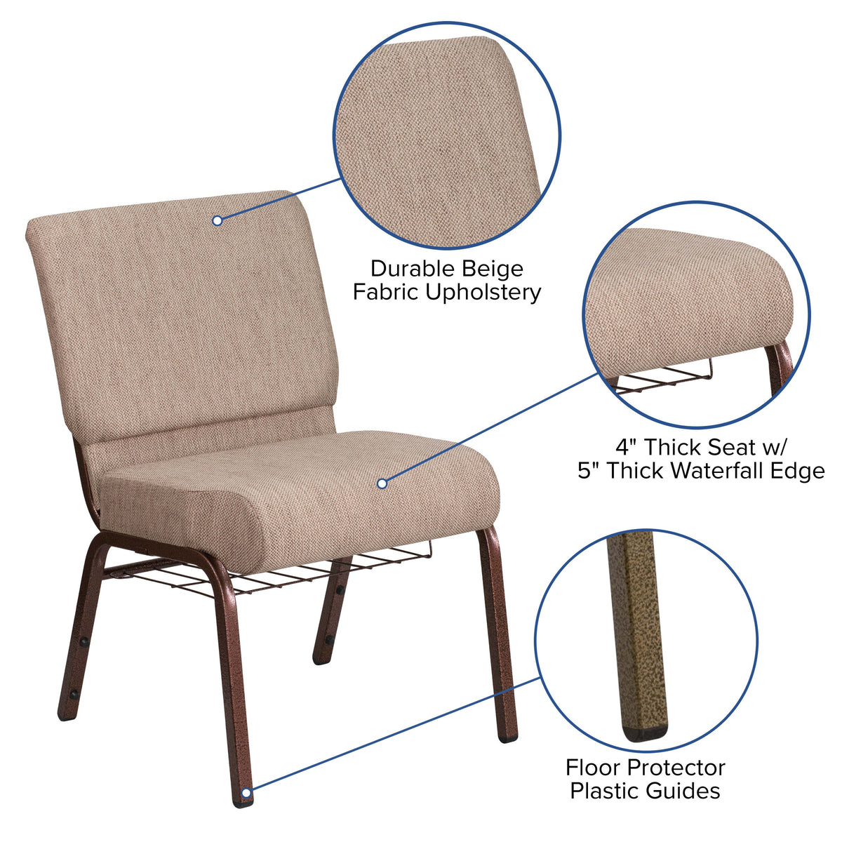 Beige Fabric/Copper Vein Frame |#| 21inchW Church Chair in Beige Fabric with Book Rack - Copper Vein Frame