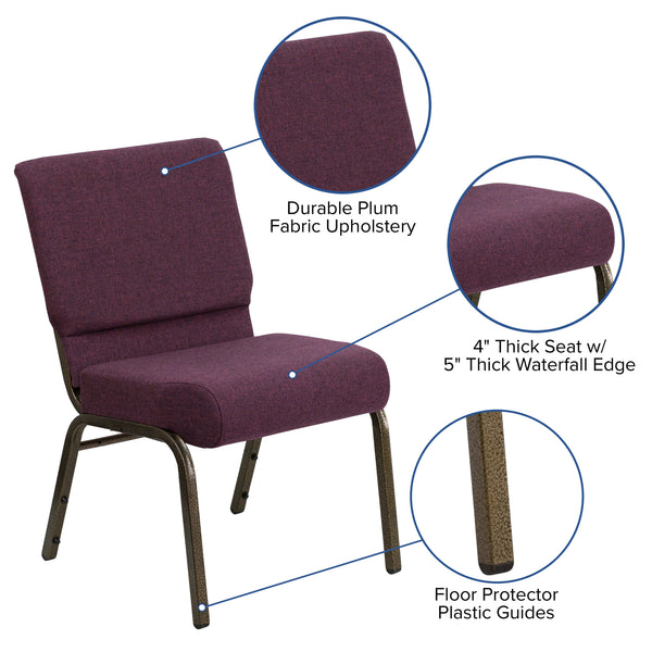 Plum Fabric/Gold Vein Frame |#| 21inchW Stacking Church Chair in Plum Fabric - Gold Vein Frame