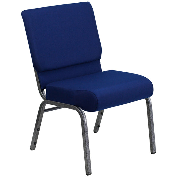 Navy Blue Fabric/Silver Vein Frame |#| 21inchW Stacking Church Chair in Navy Blue Fabric - Silver Vein Frame