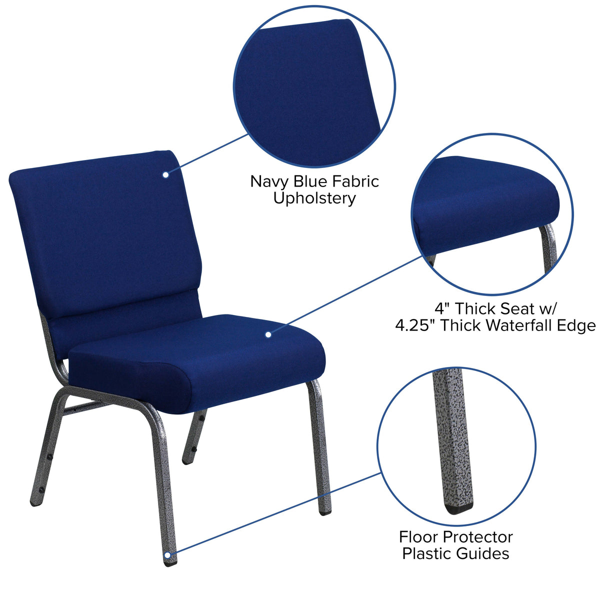 Navy Blue Fabric/Silver Vein Frame |#| 21inchW Stacking Church Chair in Navy Blue Fabric - Silver Vein Frame