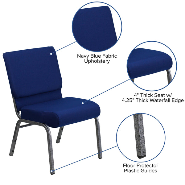 Navy Blue Fabric/Silver Vein Frame |#| 21inchW Stacking Church Chair in Navy Blue Fabric - Silver Vein Frame