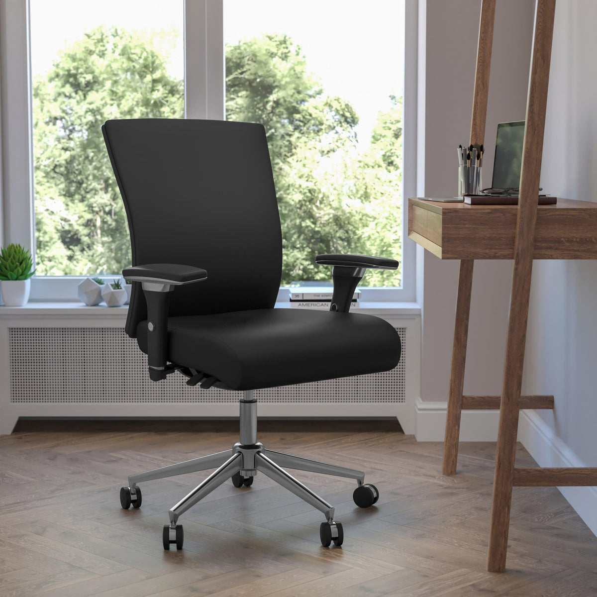 Black LeatherSoft |#| Intensive Use 300 lb. Rated Mid-Back Black LeatherSoft Multifunction Chair