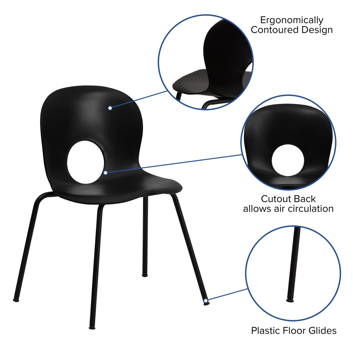 Black |#| 770 lb. Capacity Designer Black Plastic Stack Chair with Black Frame