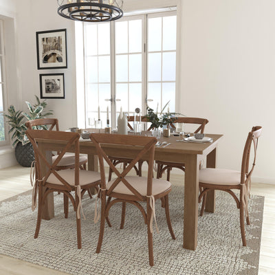 HERCULES Series 7' x 40'' Folding Farm Table Set with 6 Cross Back Chairs and Cushions