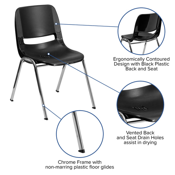 Black Plastic/Chrome Frame |#| 880 lb. Capacity Black Shell Stack Chair with Chrome Frame and 18inch Seat Height