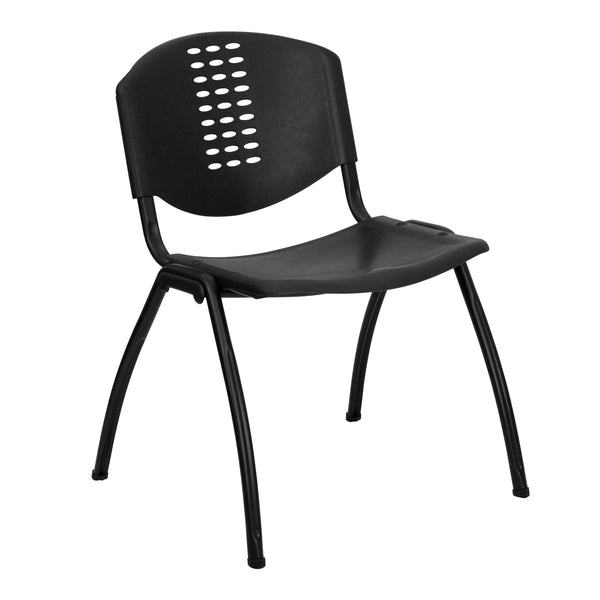 880 lb. Capacity Black Plastic Stack Chair with Oval Cutout Back and Black Frame