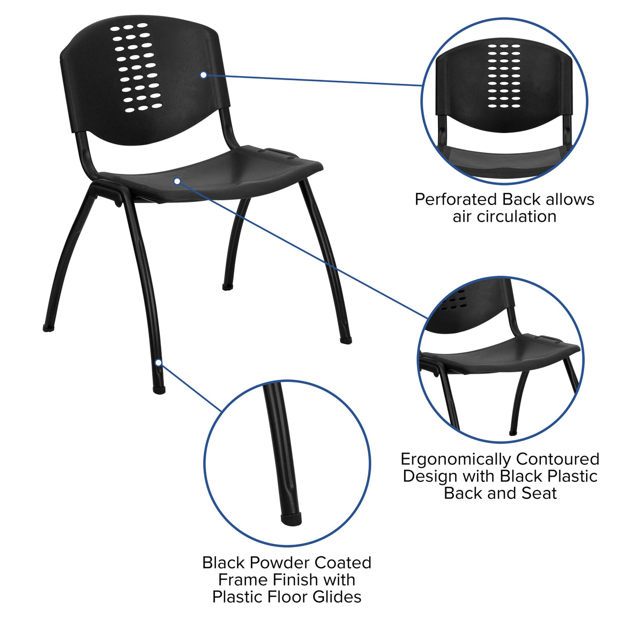 880 lb. Capacity Black Plastic Stack Chair with Oval Cutout Back and Black Frame