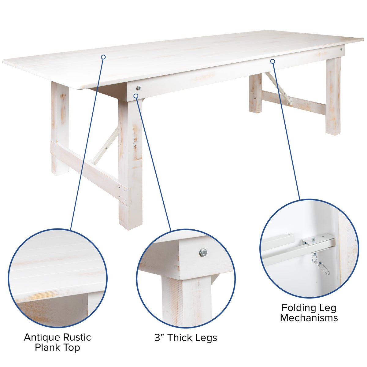 Antique Rustic White |#| 7 Piece Set-8' x 40inch Antique Rustic White Folding Farm Table and Six Bench Set
