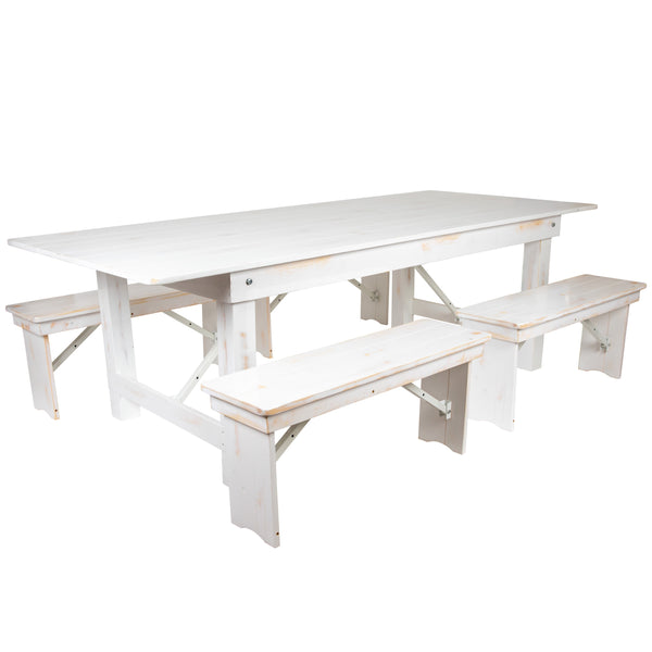 Antique Rustic White |#| 5 Piece Set-8' x 40inch Antique Rustic White Folding Farm Table and Four Bench Set
