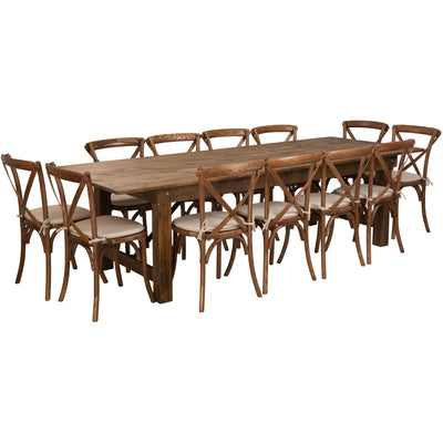 HERCULES Series 9' x 40'' Folding Farm Table Set with 12 Cross Back Chairs and Cushions