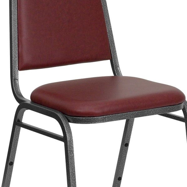 Burgundy Vinyl/Silver Vein Frame |#| Trapezoidal Back Stacking Banquet Chair in Burgundy Vinyl with 1.5inch Thick Seat