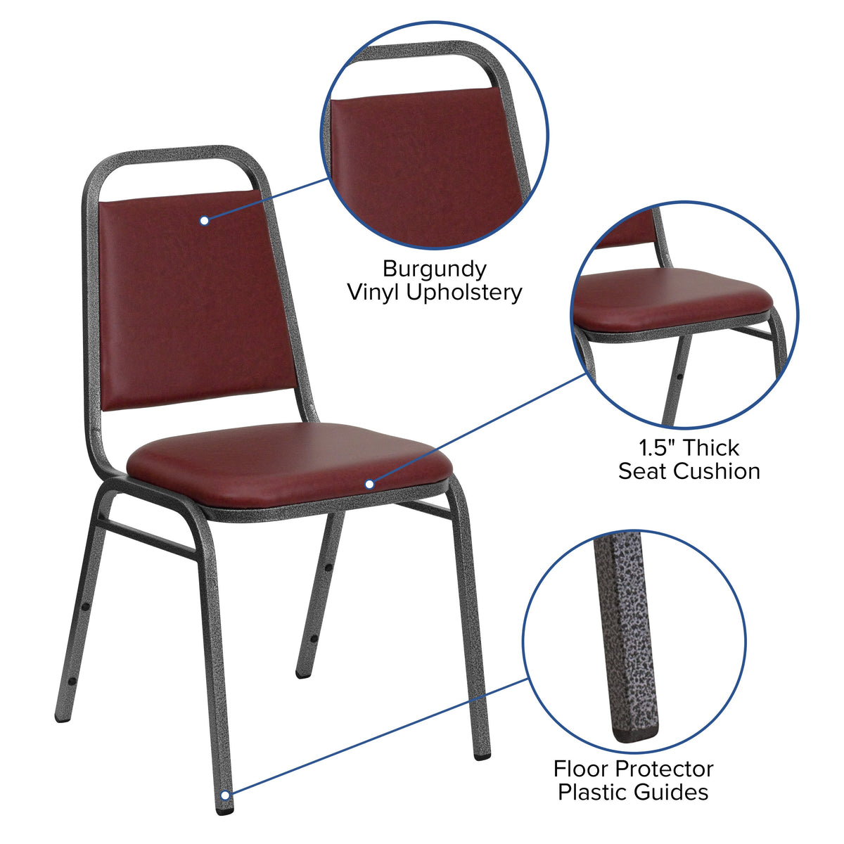 Burgundy Vinyl/Silver Vein Frame |#| Trapezoidal Back Stacking Banquet Chair in Burgundy Vinyl with 1.5inch Thick Seat
