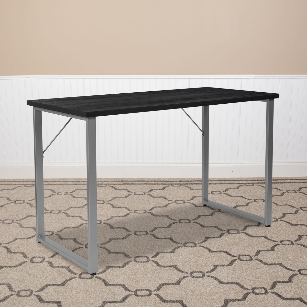 Black Finish Computer Desk with Silver Metal Frame - Home Office Furniture