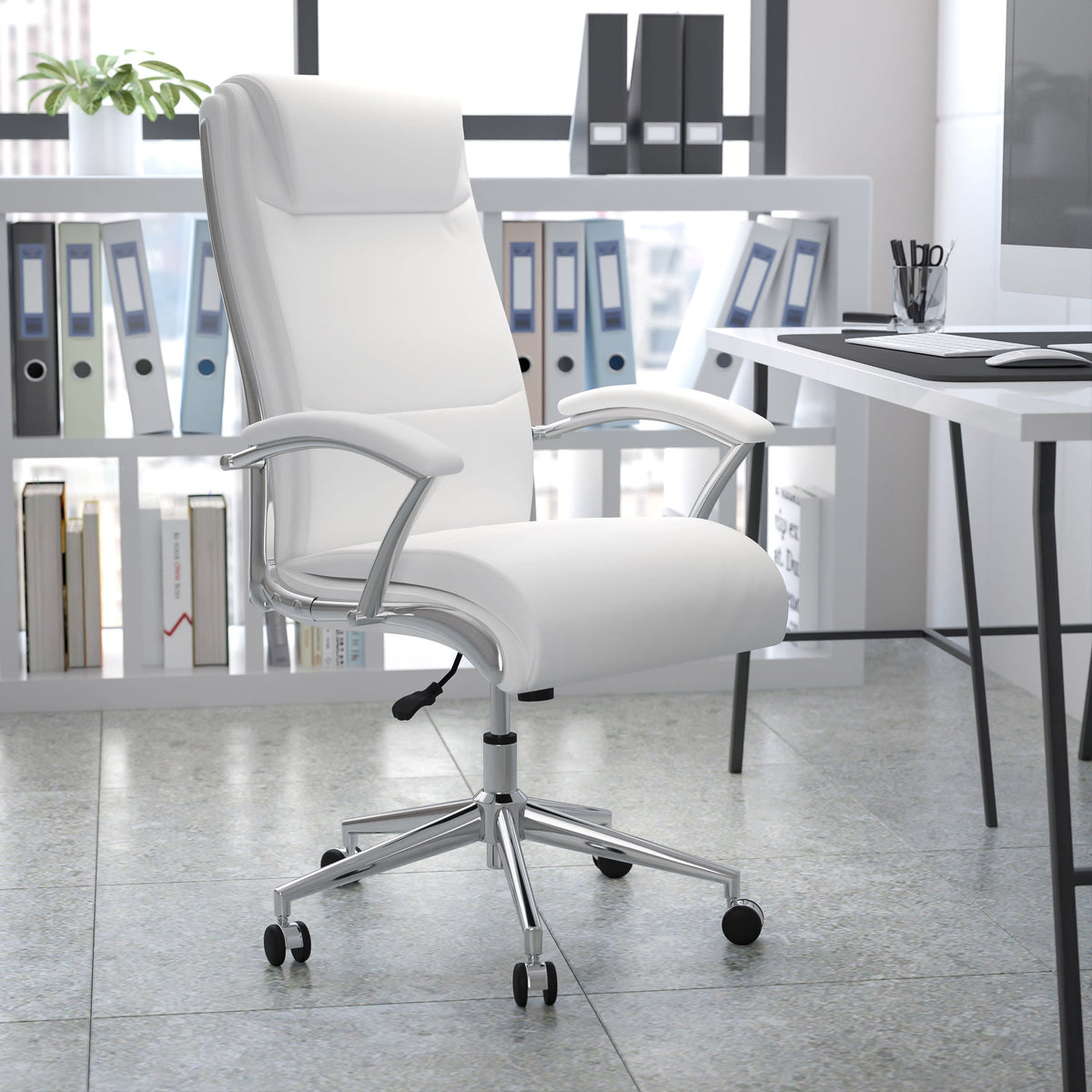 White |#| High Back Designer White LeatherSoft Upholstered Executive Swivel Office Chair