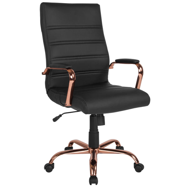 Black LeatherSoft/Rose Gold Frame |#| High Back Black LeatherSoft Executive Swivel Office Chair - Rose Gold Frame/Arms