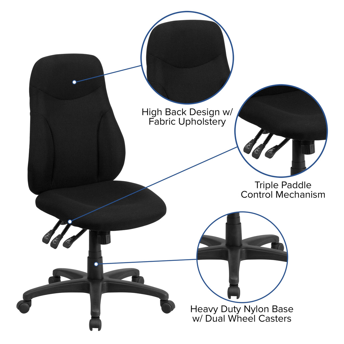 High Back Black Fabric Multifunction Swivel Ergonomic Task Office Chair