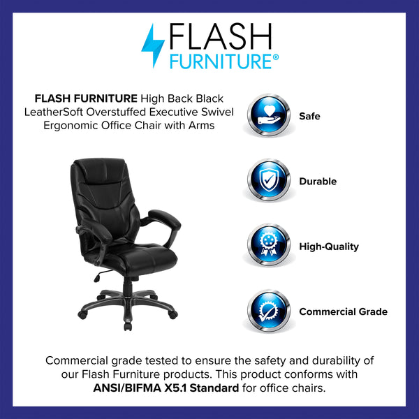 Black LeatherSoft Executive Swivel Ergonomic Office Chair with Padded Arms