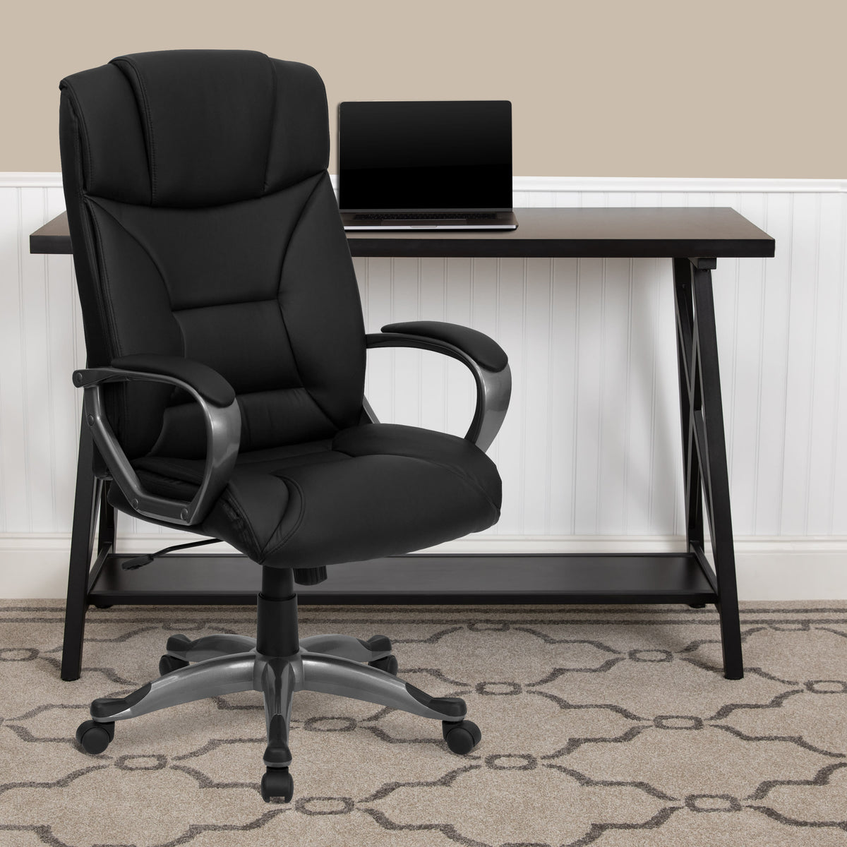 High Back Black LeatherSoft Executive Swivel Office Chair w/Lip Edge Base & Arms