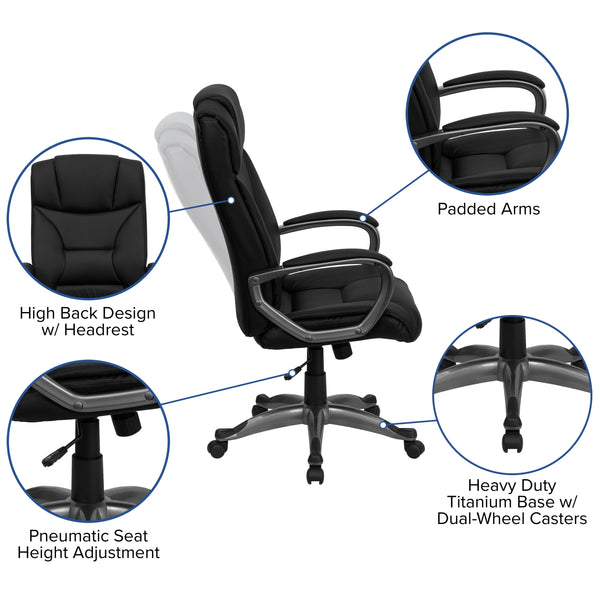 High Back Black LeatherSoft Executive Swivel Office Chair w/Lip Edge Base & Arms