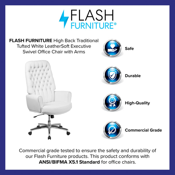 White |#| High Back Traditional Tufted White LeatherSoft Executive Swivel Office Chair