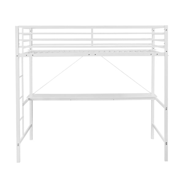 White |#| Sturdy Metal Loft Bed Frame in White with Desk and Safety Rails - Twin