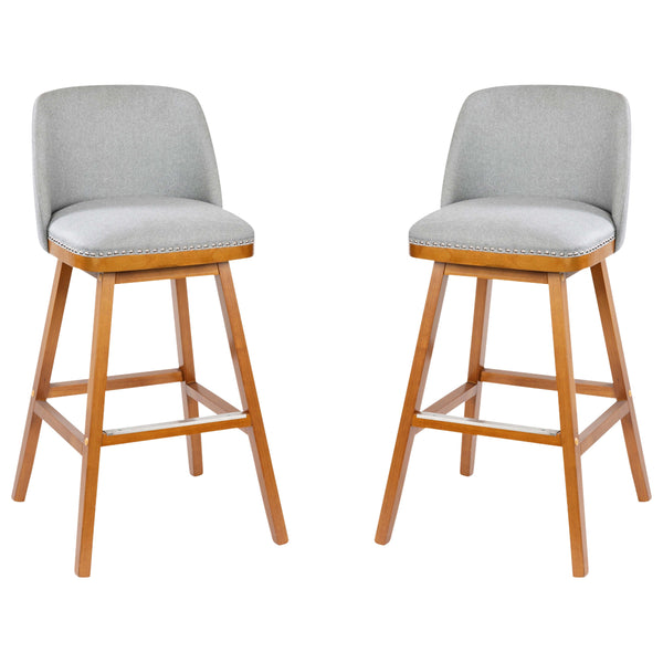 Gray Faux Linen |#| 2 Pack Commercial Walnut Finish Wood Barstools with Nail Trim-Gray Faux Linen