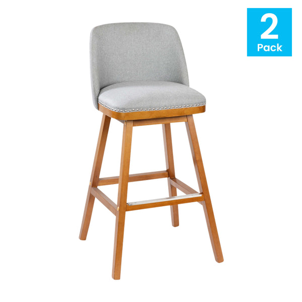 Gray Faux Linen |#| 2 Pack Commercial Walnut Finish Wood Barstools with Nail Trim-Gray Faux Linen