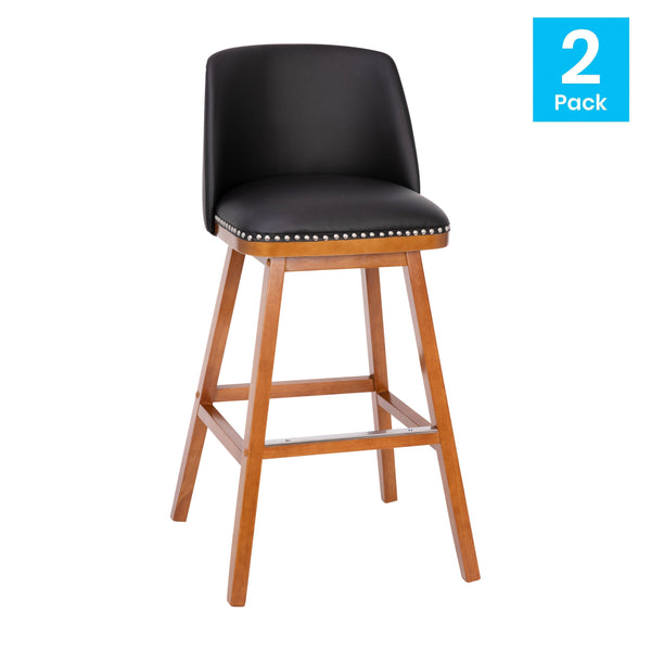 Black LeatherSoft |#| 2 Pack Commercial Walnut Finish Wood Barstools with Nail Trim-Black LeatherSoft