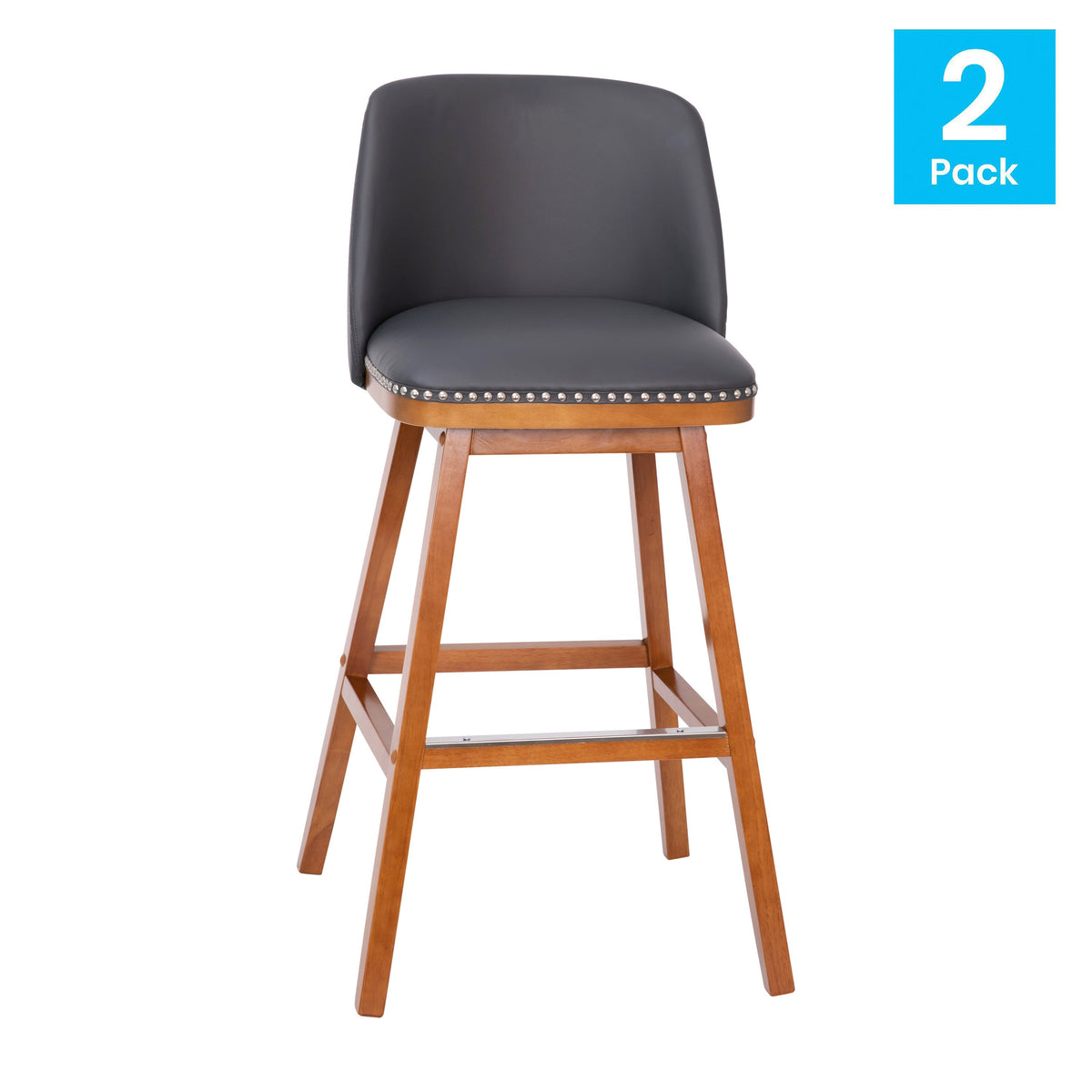 Gray LeatherSoft |#| 2 Pack Commercial Walnut Finish Wood Barstools with Nail Trim-Gray LeatherSoft