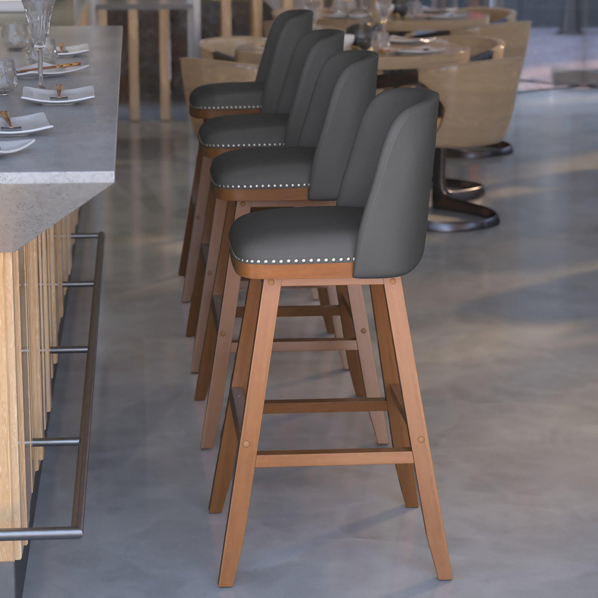 Gray LeatherSoft |#| 2 Pack Commercial Walnut Finish Wood Barstools with Nail Trim-Gray LeatherSoft