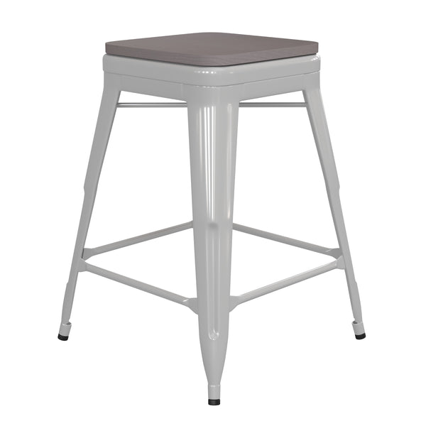 White/Gray |#| Indoor/Outdoor Backless Counter Stool with Poly Seat - White/Gray