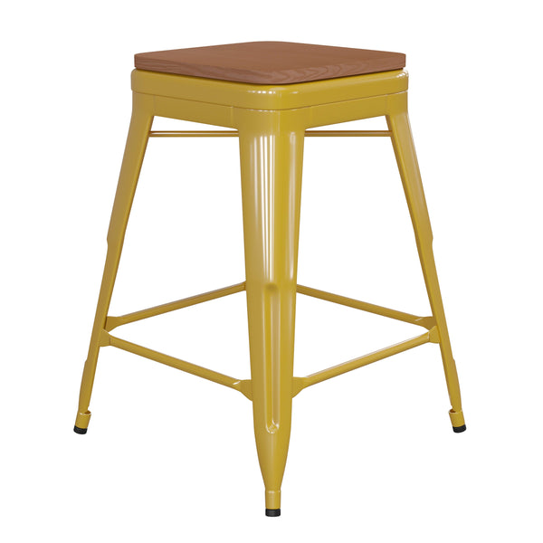 Yellow/Teak |#| Indoor/Outdoor Backless Counter Stool with Poly Seat - Yellow/Teak