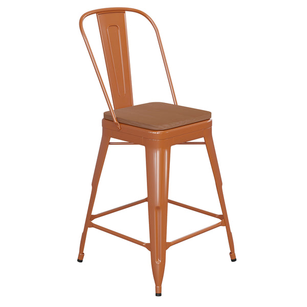 Orange/Teak |#| All-Weather Commercial Counter Stool with Removable Back/Poly Seat-Orange/Teak