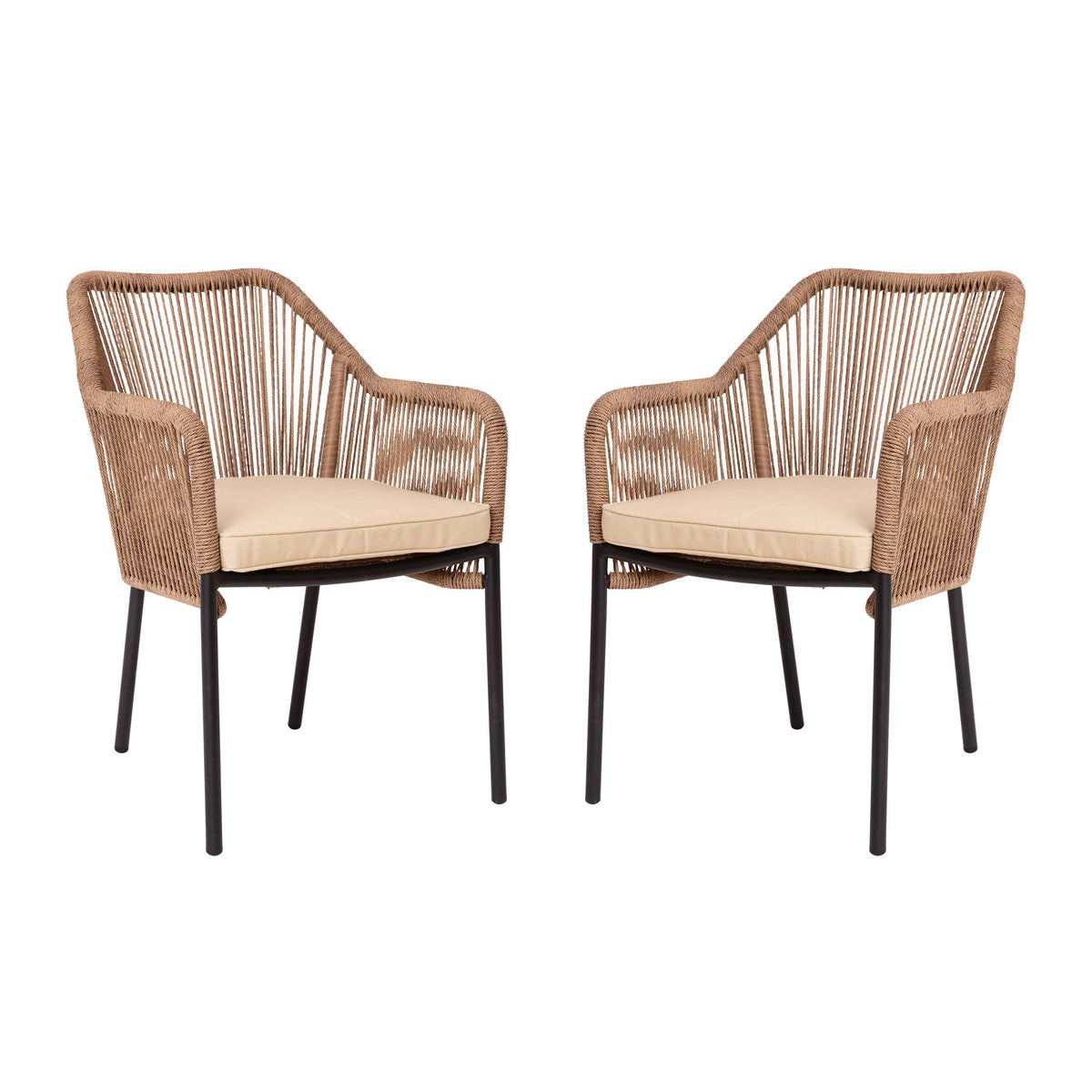 Natural/Ivory |#| Woven Indoor/Outdoor Stacking Club Chairs in Natural - Ivory Cushions-Set of 2