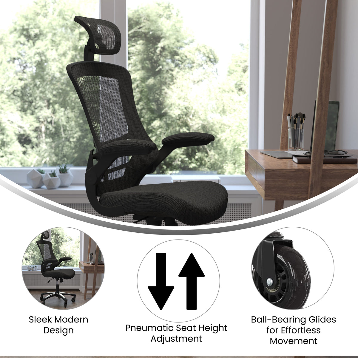 Ergonomic Swivel Task Chair with Roller Wheels & Flip Up Arms - Black Mesh