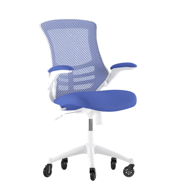 Blue Mesh/White Frame |#| Ergonomic Swivel Task Chair with Roller Wheels & Flip Up Arms - Blue Mesh