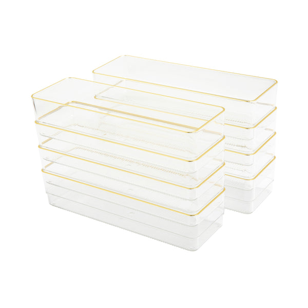 Set of 8 Plastic Stacking Desk Drawer Organizers with Gold Trim - 9 x 3