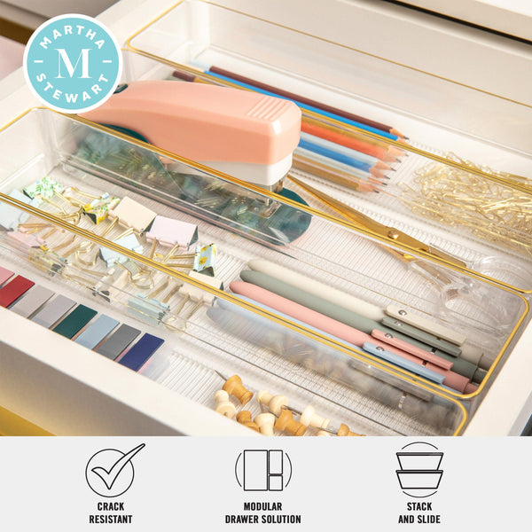 Set of 8 Plastic Stacking Desk Drawer Organizers with Gold Trim - 9 x 3