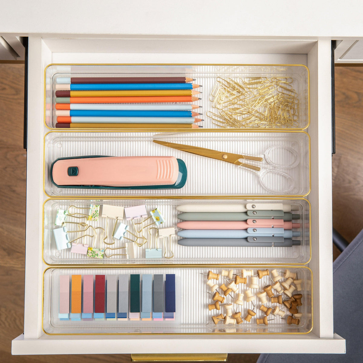 Set of 8 Plastic Stacking Desk Drawer Organizers with Gold Trim - 9 x 3