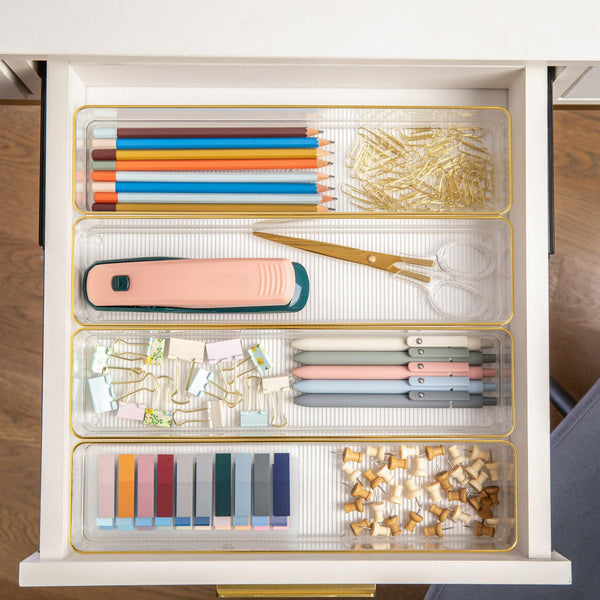 Set of 8 Plastic Stacking Desk Drawer Organizers with Gold Trim - 9 x 3