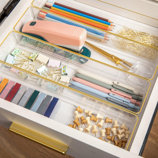 Set of 8 Plastic Stacking Desk Drawer Organizers with Gold Trim - 9 x 3