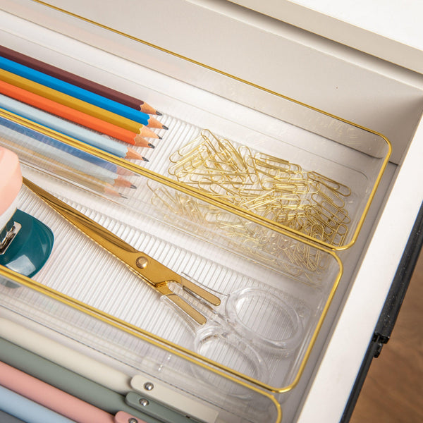 Set of 8 Plastic Stacking Desk Drawer Organizers with Gold Trim - 9 x 3