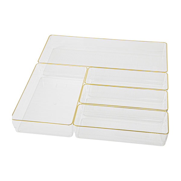 Set of 5 Plastic Stacking Office Desk Drawer Organizers with Gold Trim