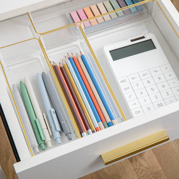 Set of 5 Plastic Stacking Office Desk Drawer Organizers with Gold Trim