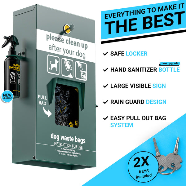 Mountable Locking Pull Out Pet Waste Bag Dispenser with Hand Sanitizer Bottle