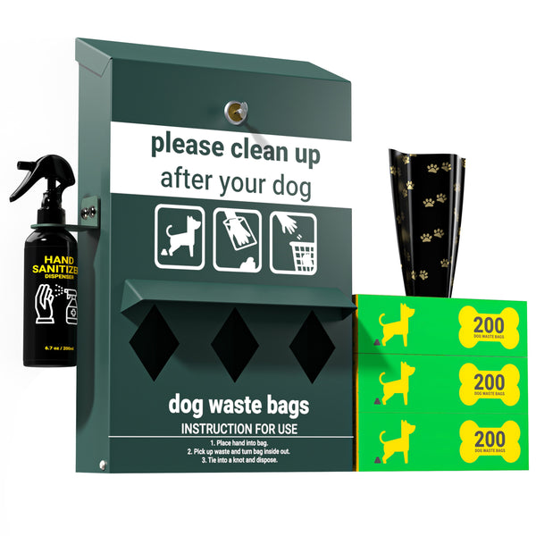 Mountable Locking Roll Pet Waste Bag Dispenser with Hand Sanitizer Bottle