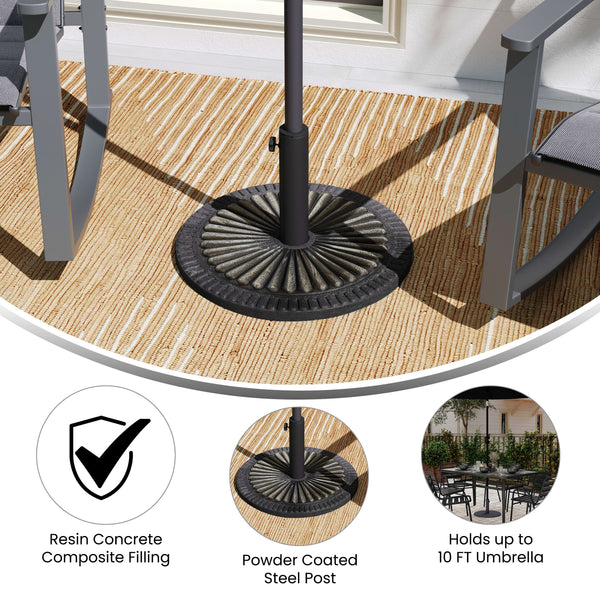 are patio umbrella bases universal Flash Furniture 19.25 in. Dia. Kona Universal Black Cement Patio Umbrella Base with Sunburst Patterned Weatherproof Plastic Polymer Coating