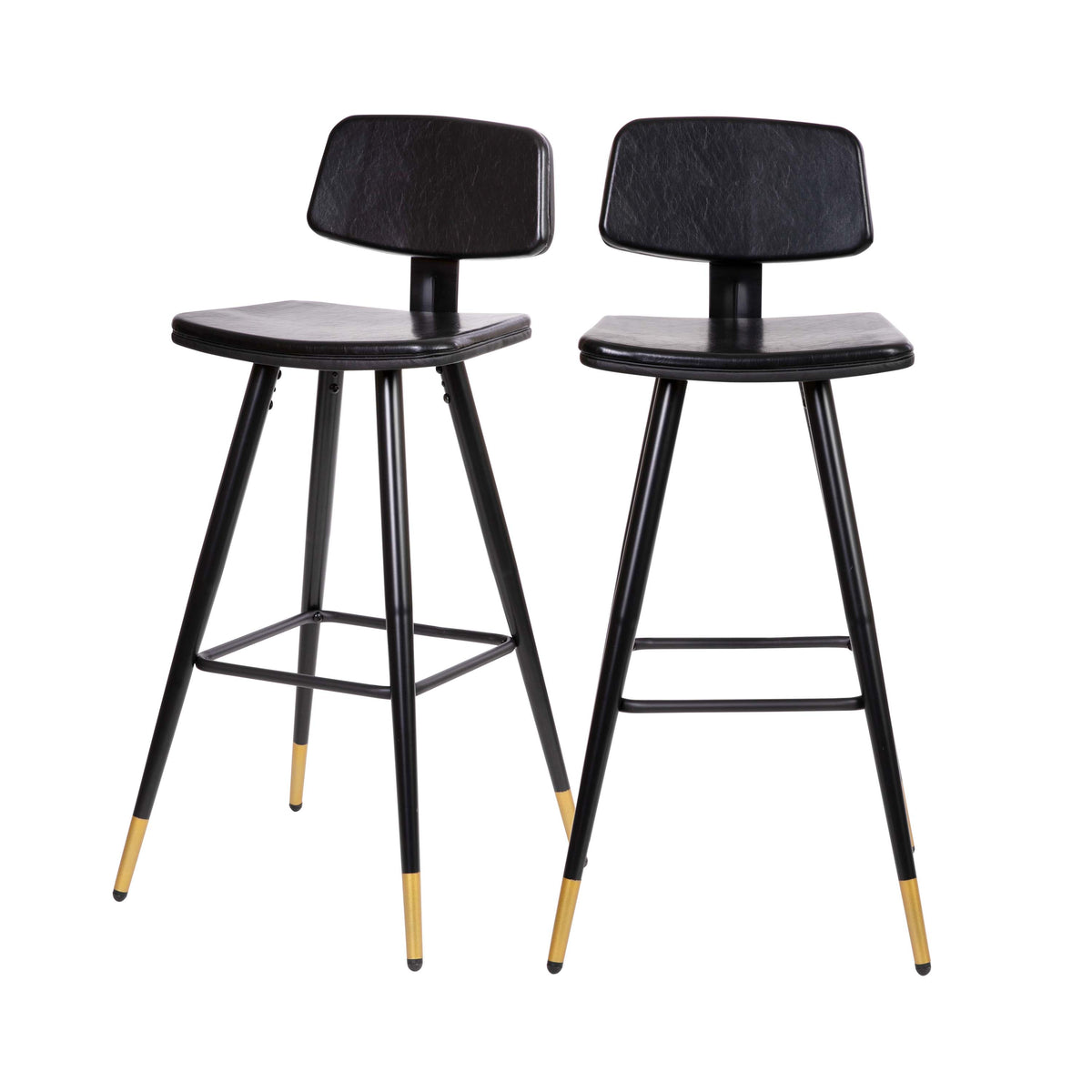 Black |#| Set of 2 Black LeatherSoft Barstools with Black Iron Frame and Gold Tipped Legs