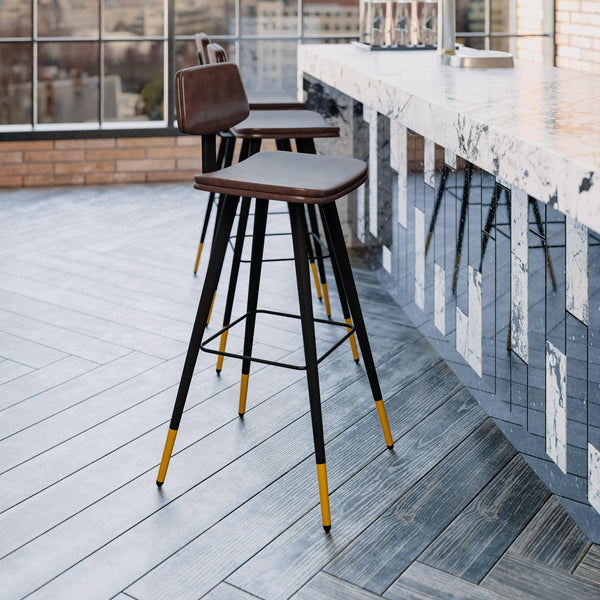 Brown |#| Set of 2 Brown LeatherSoft Barstools with Black Iron Frame and Gold Tipped Legs